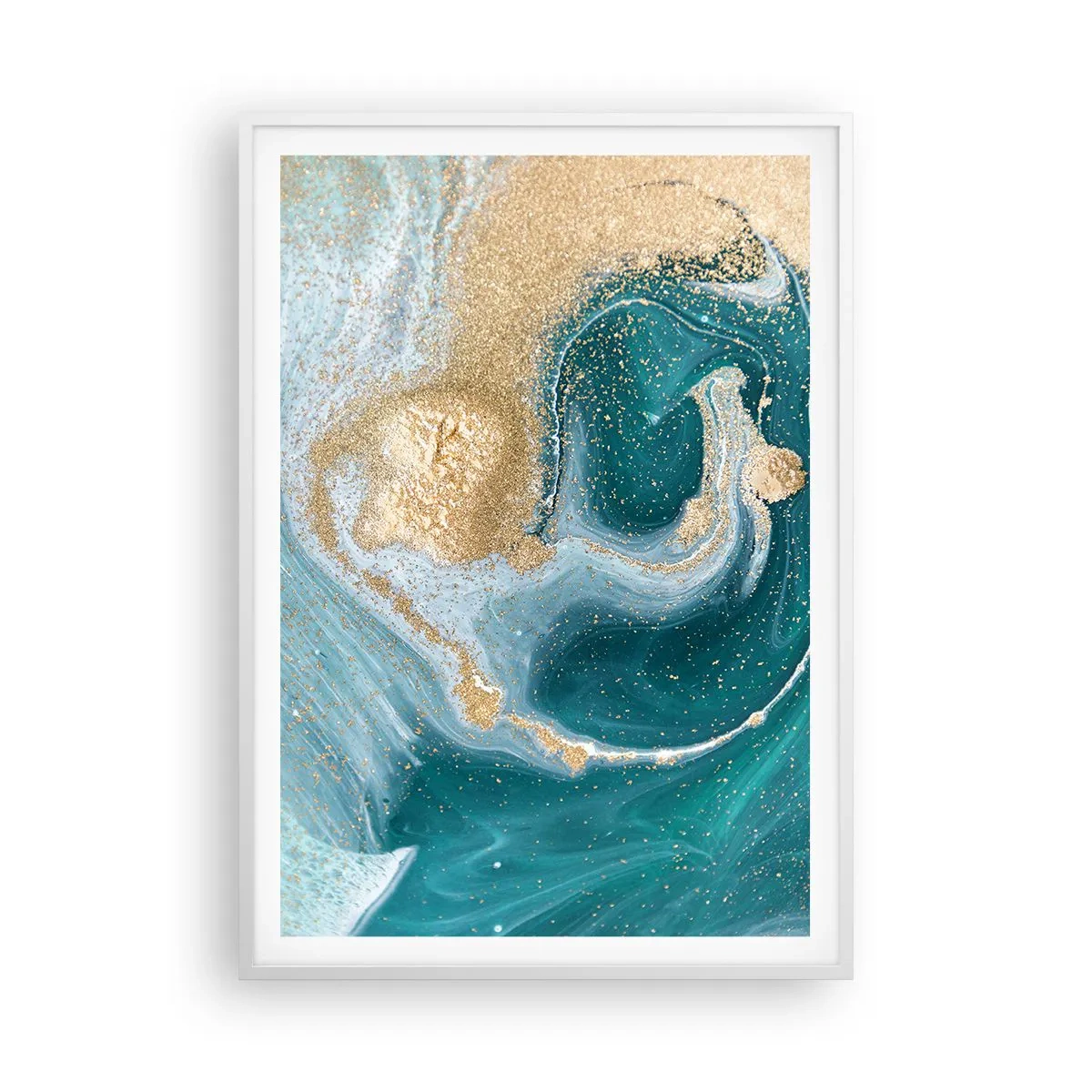 Affisch i vit ram - Guld- och turkosvirvel - 70x100 cm