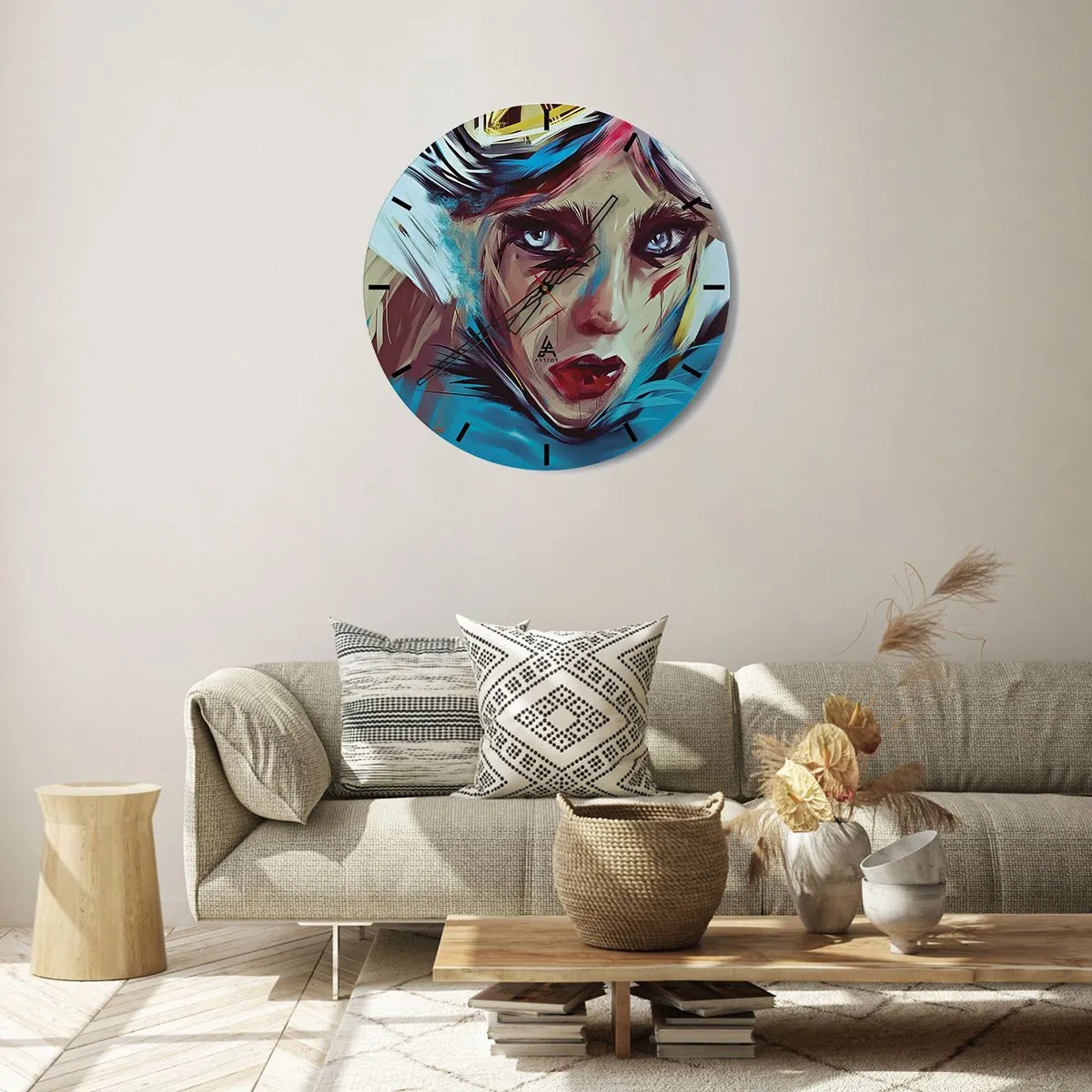 Väggklocka - Klocka på glas - Ett uttrycksfullt porträtt av en kvinna i intensiva färger - 30x30cm - Vägkämpe - Modern väggdekoration för vardagsrum, kök och sovrum ARTTOR
