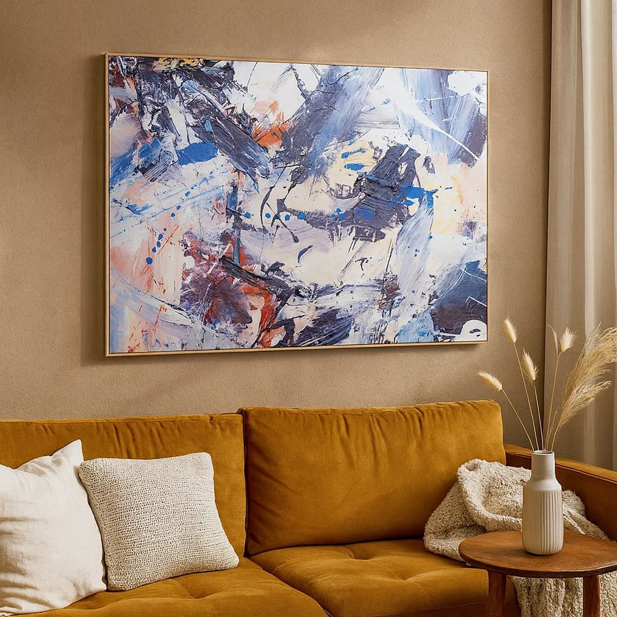 Canvastavla - Bild på duk - Abstraktion med dynamiska penseldrag i blått och rött. - 70x50cm - Abstraktionen galna dans - Modern väggdekoration för vardagsrum och sovrum ARTTOR