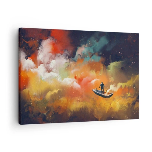 Canvastavla - Bild på duk - En figur i en båt mot en bakgrund av färgglada moln - 70x50cm - I båten genom galaxen - Modern väggdekoration för vardagsrum och sovrum ARTTOR