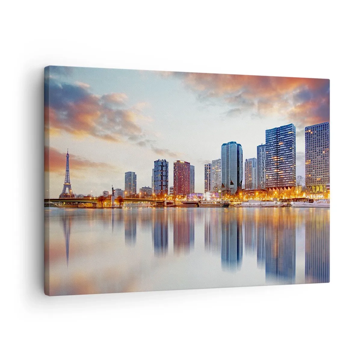 Canvastavla - Bild på duk - Panorama över moderna byggnader och Eiffeltornet över vattnet - 70x50cm - Paris monumentala lugn - Modern väggdekoration för vardagsrum och sovrum ARTTOR