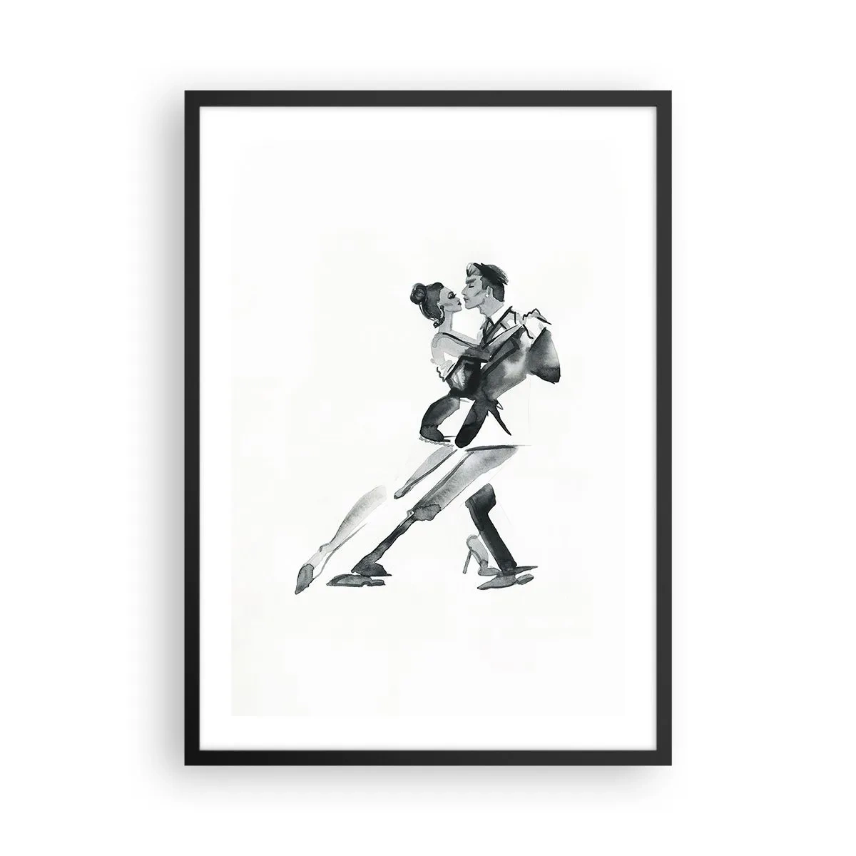 Affisch i svart ram - Svartvit akvarellmålning av ett dansande par - 50x70cm - I en rytm - Modern väggdekoration för vardagsrum och sovrum ARTTOR
