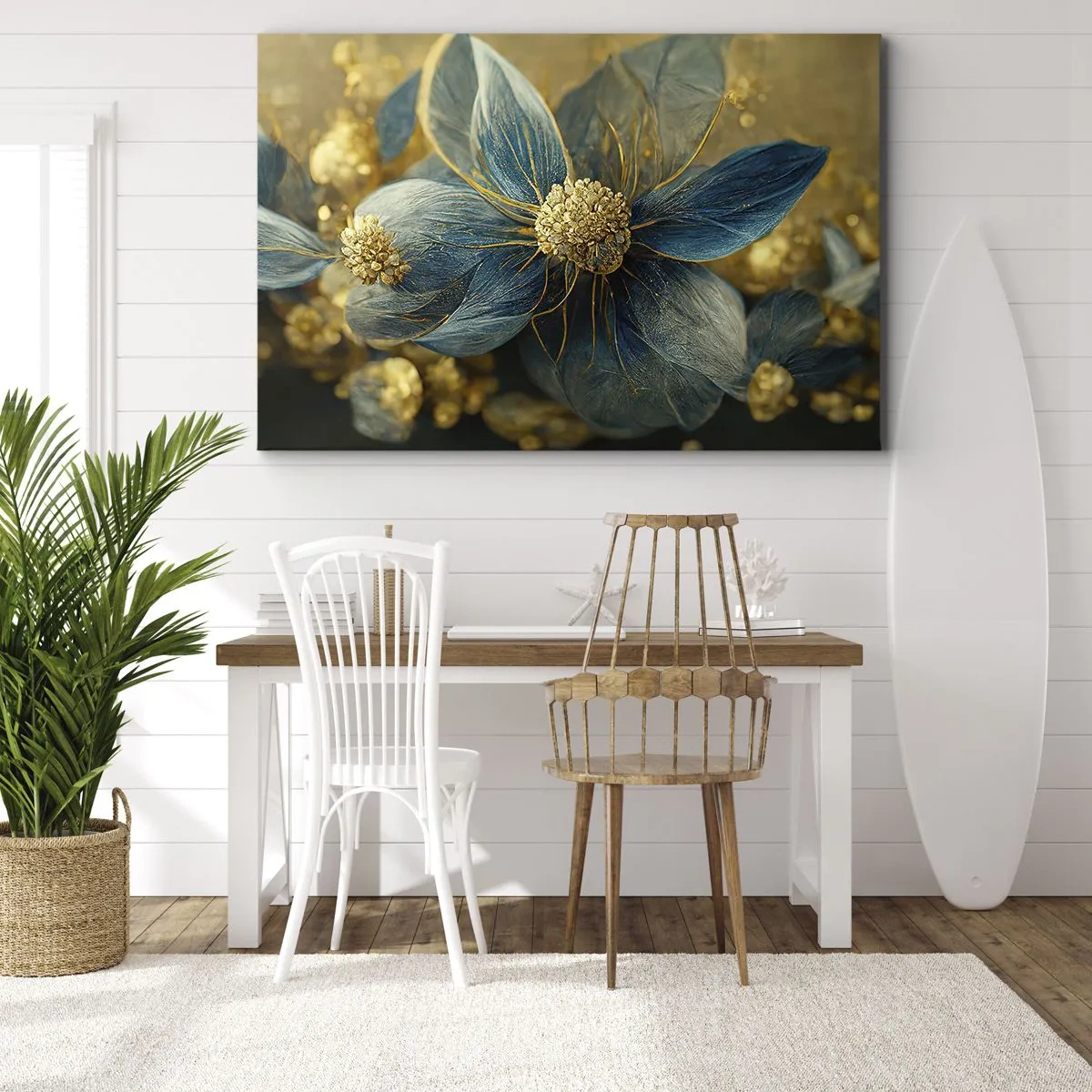 Canvastavla - Bild på duk - Eleganta blommor i nyanser av blått och guld - 70x50cm - Blommande av guld - Modern väggdekoration för vardagsrum och sovrum ARTTOR