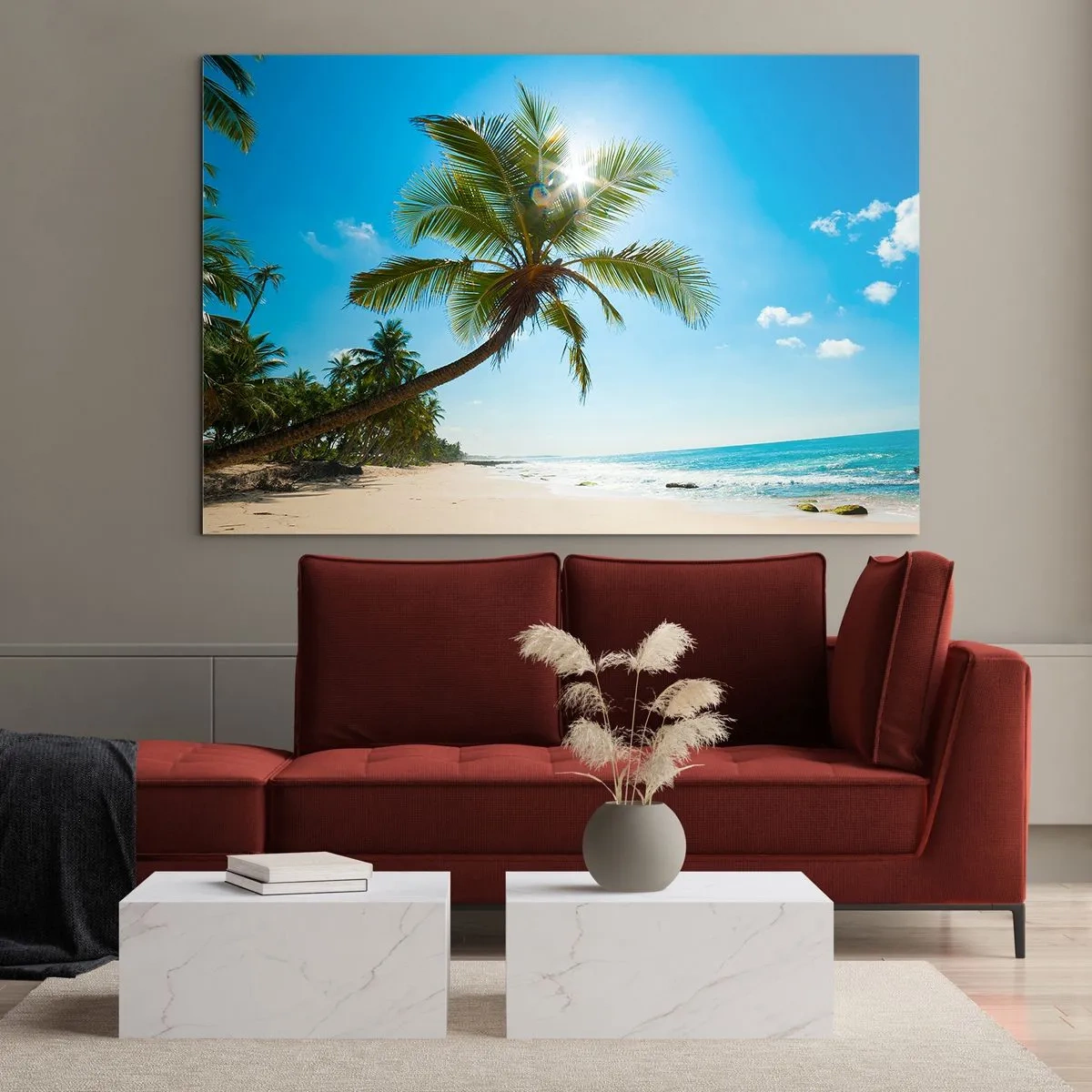Glastavla - Bild på glas - Tropisk strand med palmer och blå himmel - 70x50cm - Visa inte för någon - Modern väggdekoration för vardagsrum och sovrum ARTTOR
