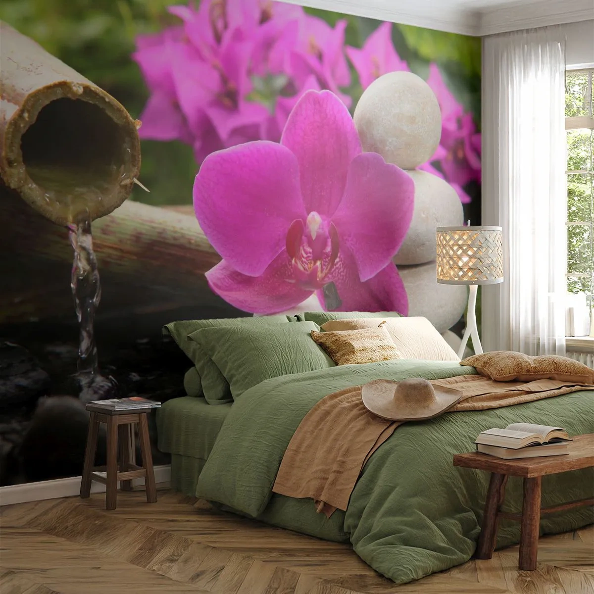 Självhäftande Fototapet Deluxe Sticker - Så kopplar du av - Blommor, Bambu, Orkide - 250x175 cm