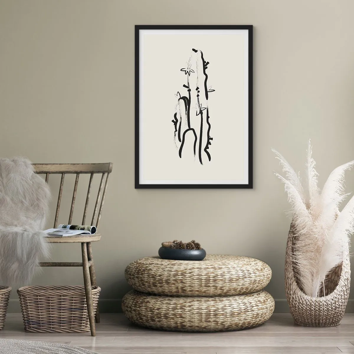 Affisch i svart ram - Minimalistisk kaktusteckning - 50x70cm - Blommande ört - Modern väggdekoration för vardagsrum och sovrum ARTTOR