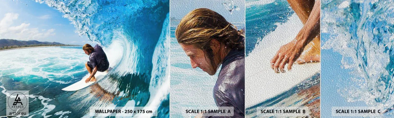 Provbit av fototapet Premium Sand - Dansar med vågorna - Sport, Surfing, Surfbräda - 100x30 cm