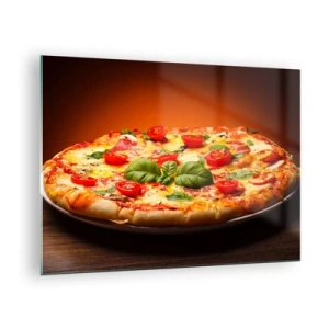 Glastavla - Bild på glas - Pizza med tomater, basilika och smält ost - 70x50cm - Mamma mia! - Modern väggdekoration för vardagsrum och sovrum ARTTOR
