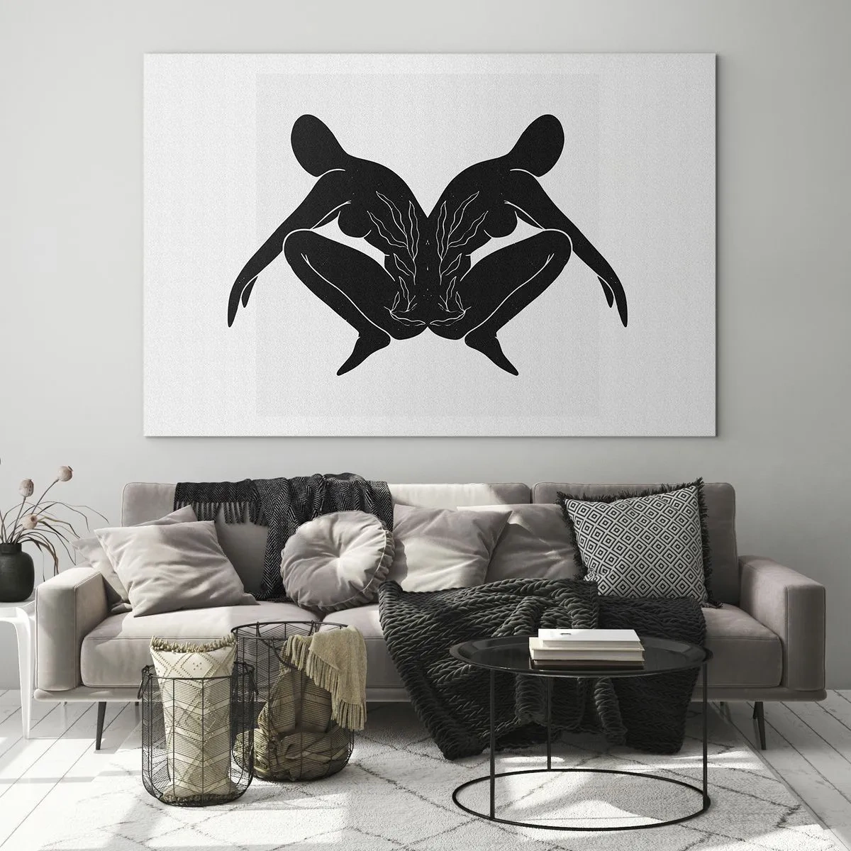 Glastavla - Bild på glas - Svarta figurer som bildar ett symmetriskt hjärta på en vit bakgrund - 70x50cm - En delad själ - Modern väggdekoration för vardagsrum och sovrum ARTTOR