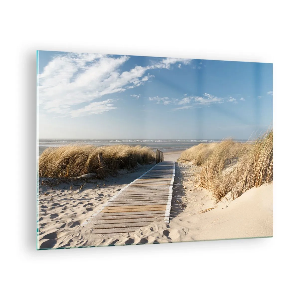Glastavla - Bild på glas - Trästig genom sanddynerna som leder till stranden - 70x50cm - Bortom sanddynan, i gräsets brus - Modern väggdekoration för vardagsrum och sovrum ARTTOR