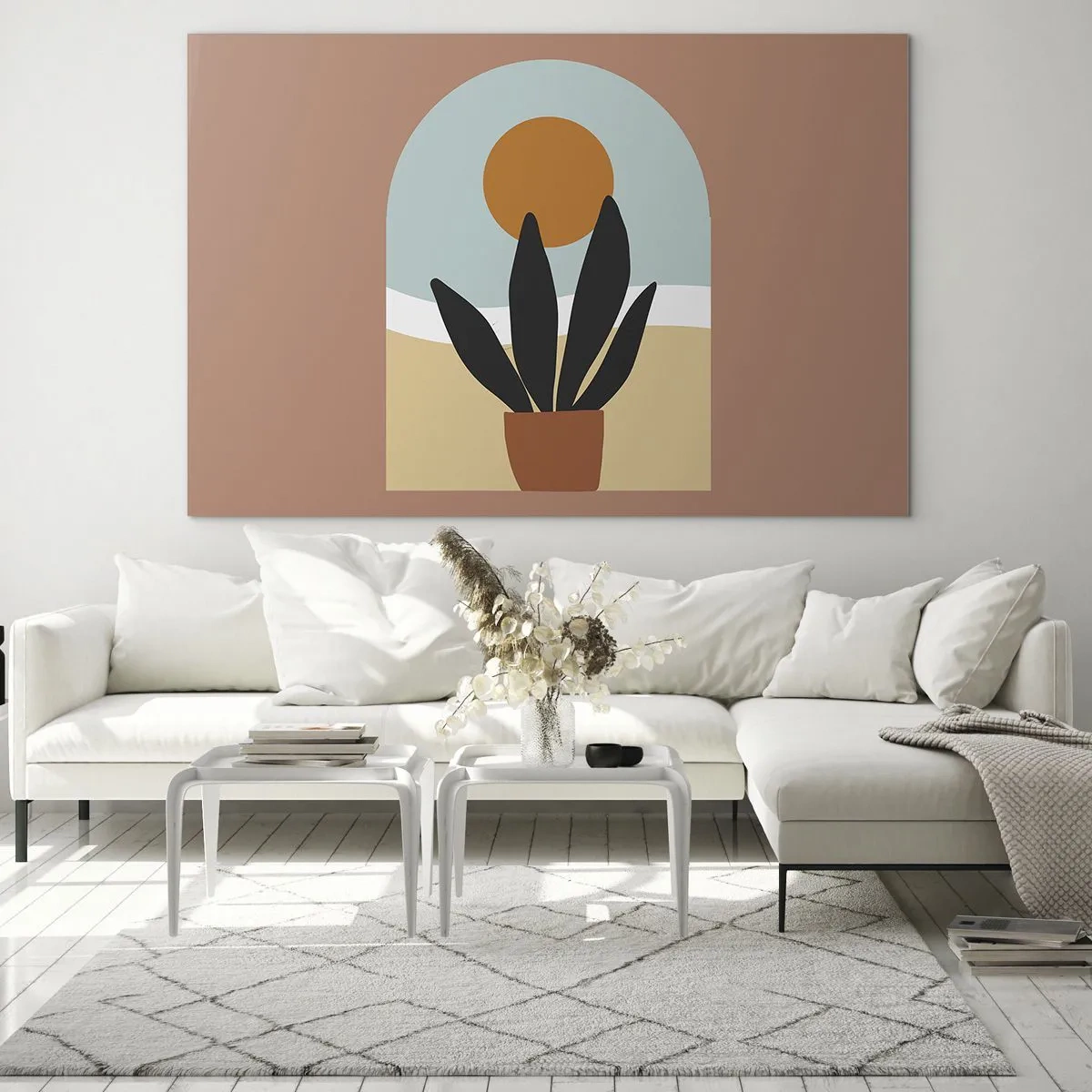 Glastavla - Bild på glas - En abstrakt scen med en krukväxt och solen i bakgrunden, i pastellfärger. - 70x50cm - Små glädje - Modern väggdekoration för vardagsrum och sovrum ARTTOR