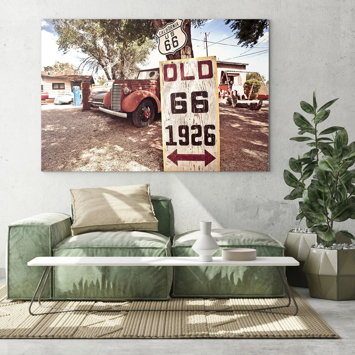 Glastavla - Bild på glas - Oldtimer och retro Route 66-skylt - 70x50cm - Amerikanska provinsens legend - Modern väggdekoration för vardagsrum och sovrum ARTTOR