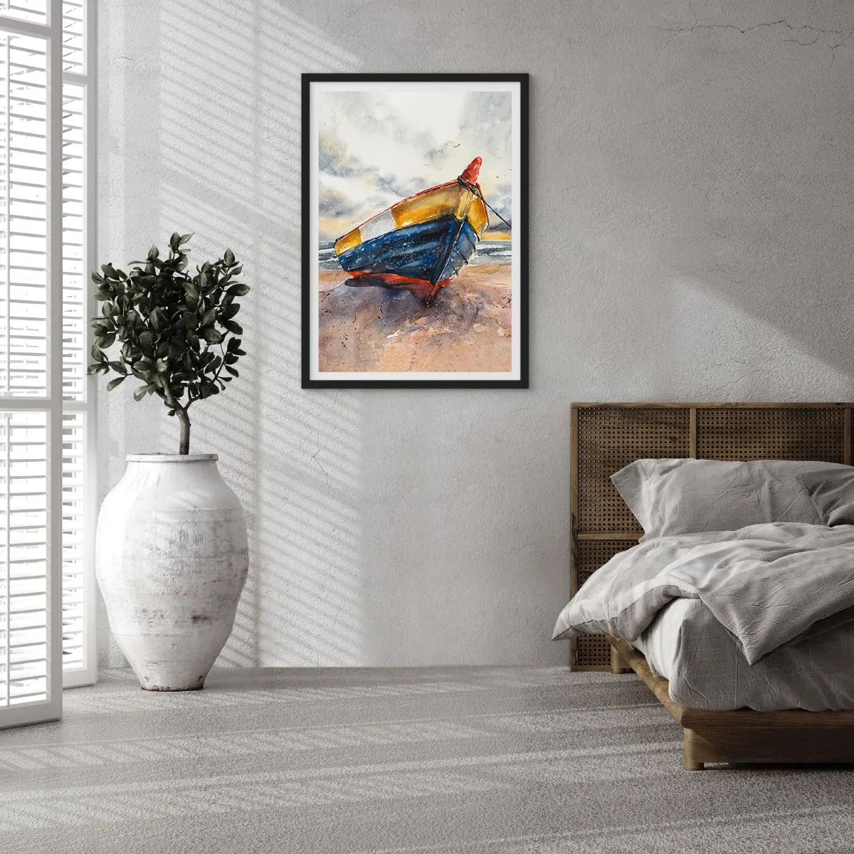 Affisch i svart ram - Akvarell båt på stranden vid solnedgången - 50x70cm - Vila på stranden - Modern väggdekoration för vardagsrum och sovrum ARTTOR