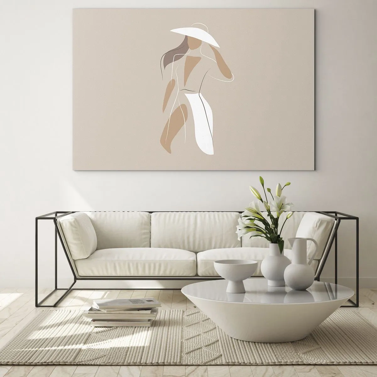Glastavla - Bild på glas - Stiliserad figur av en kvinna i vit hatt - 70x50cm - Mode är lek - Modern väggdekoration för vardagsrum och sovrum ARTTOR