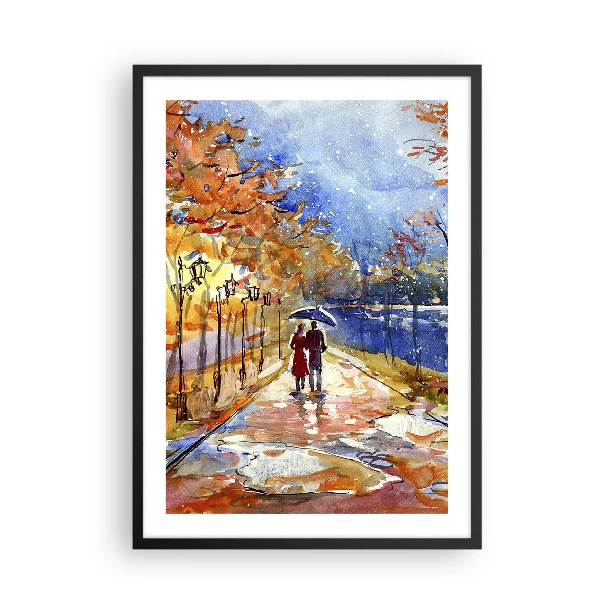 Affisch i svart ram - En promenad i regnet bland höstens färger - 50x70cm - Tillsammans mot tidens gräns - Modern väggdekoration för vardagsrum och sovrum ARTTOR