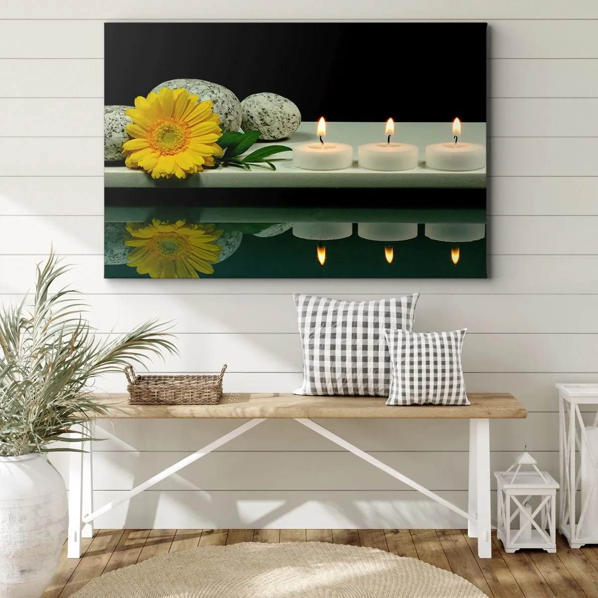 Canvastavla - Bild på duk - Gul blomma, ljus och stenar mot vattenbakgrunden - 70x50cm - Stilla sinnen - Modern väggdekoration för vardagsrum och sovrum ARTTOR