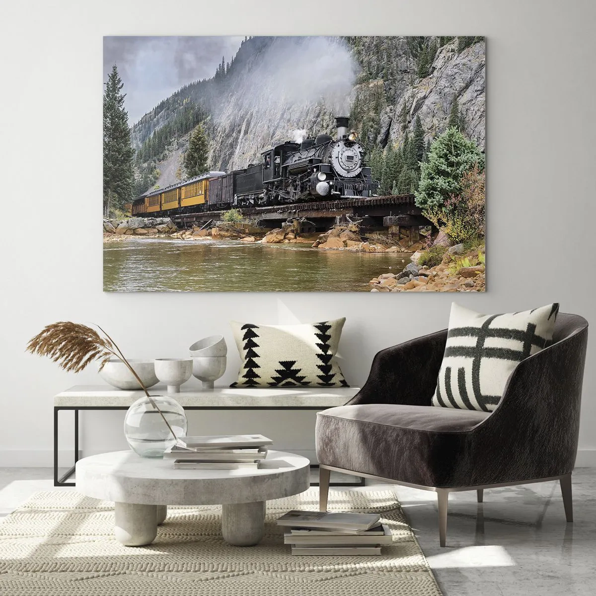 Glastavla - Bild på glas - Ett ånglok på en bro i bergen - 70x50cm - Vart ska du? Vart? - Modern väggdekoration för vardagsrum och sovrum ARTTOR