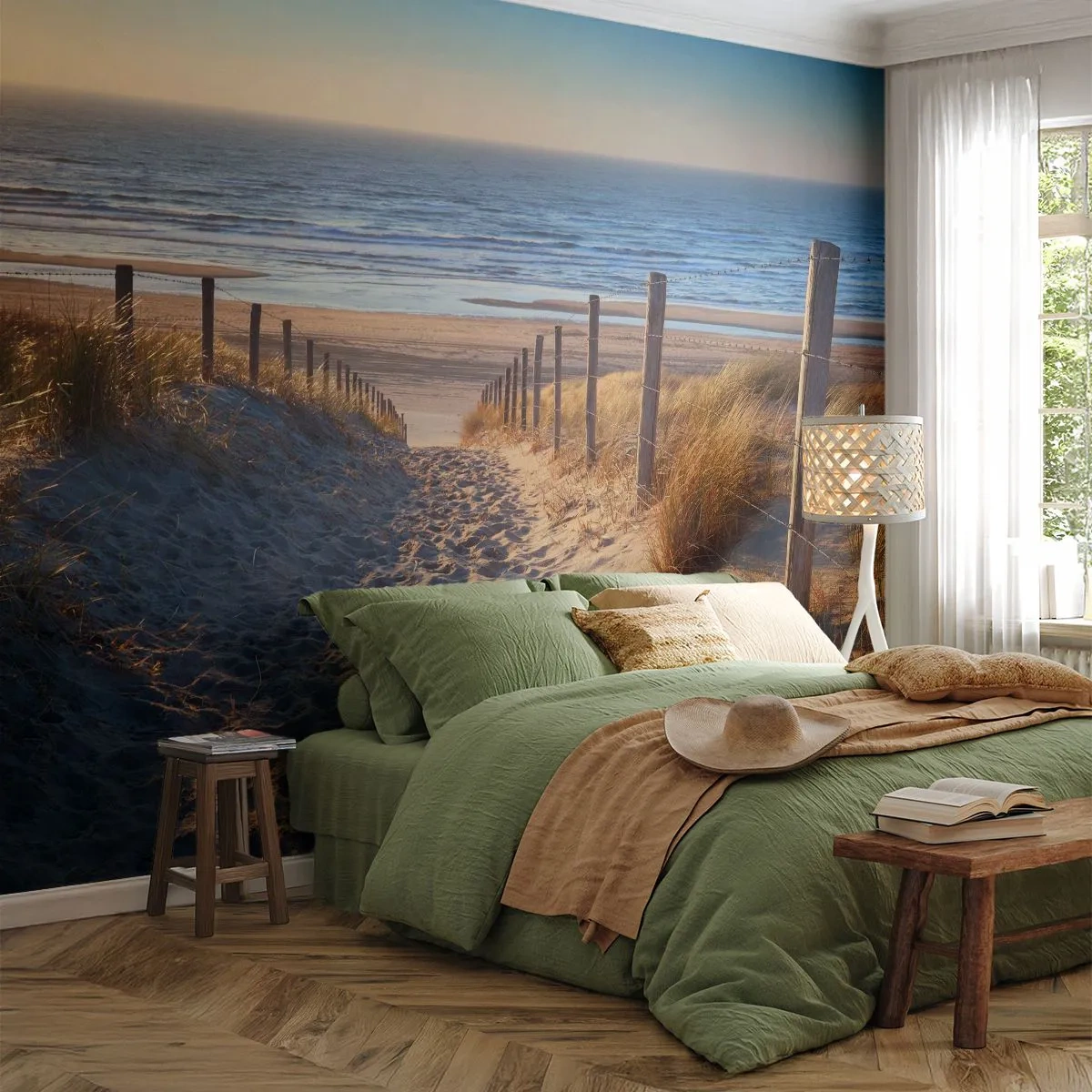 Självhäftande Fototapet Deluxe Sticker - Havets brus, fågelsång, tom strand bland träden - Landskap, Strand, Sanddyner - 250x175 cm
