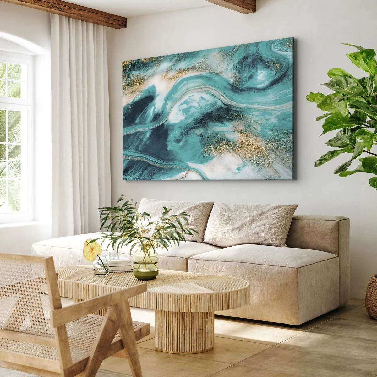 Canvastavla - Bild på duk - Turkos abstraktion med vita och guldfärgade accenter - 70x50cm - Guldflod - Modern väggdekoration för vardagsrum och sovrum ARTTOR