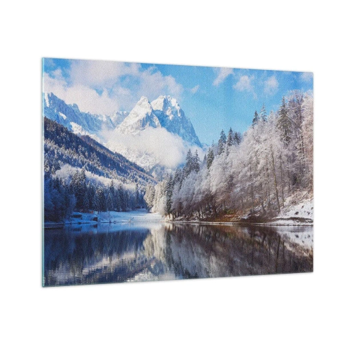 Glastavla - Bild på glas - Vinterlandskap med berg och en frusen sjö - 70x50cm - Snövakt - Modern väggdekoration för vardagsrum och sovrum ARTTOR