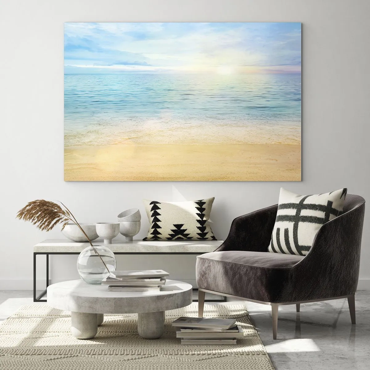 Glastavla - Bild på glas - En solig strand med azurblått hav och himmel - 70x50cm - Det stora blåa - Modern väggdekoration för vardagsrum och sovrum ARTTOR