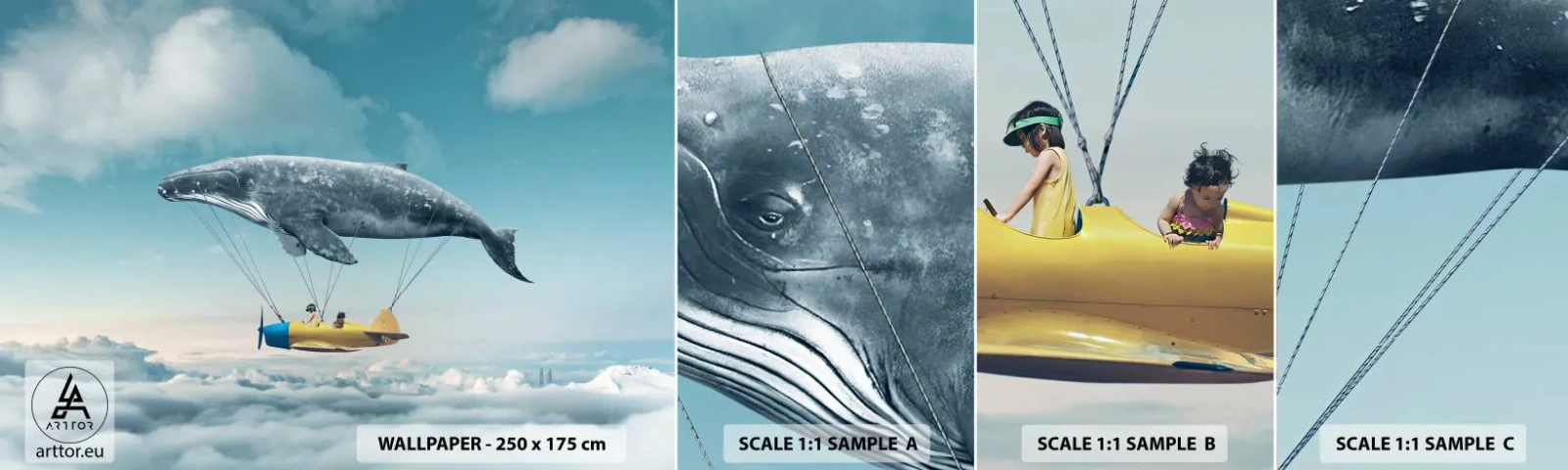 Provbit av självhäftande fototapet Deluxe Sticker - Varför inte? - Val, Barn, Plan - 100x30 cm