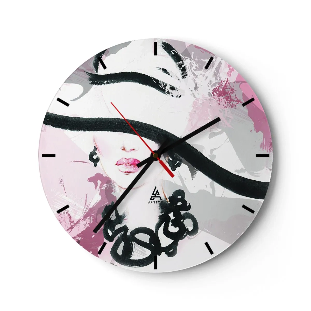 Väggklocka - Klocka på glas - En damportätt i svart och rosa - 40x40 cm