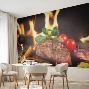 Självhäftande Fototapet Deluxe Sticker - Framtrollad med glöd - Gastronomi, biff, Flames of Fire - 100x70 cm
