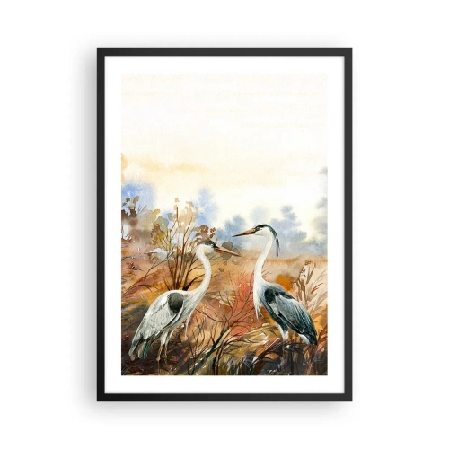 Affisch i svart ram - Tranor mot bakgrund av ett höstlandskap i akvarell - 50x70cm - Vart ska vi på hösten? - Modern väggdekoration för vardagsrum och sovrum ARTTOR