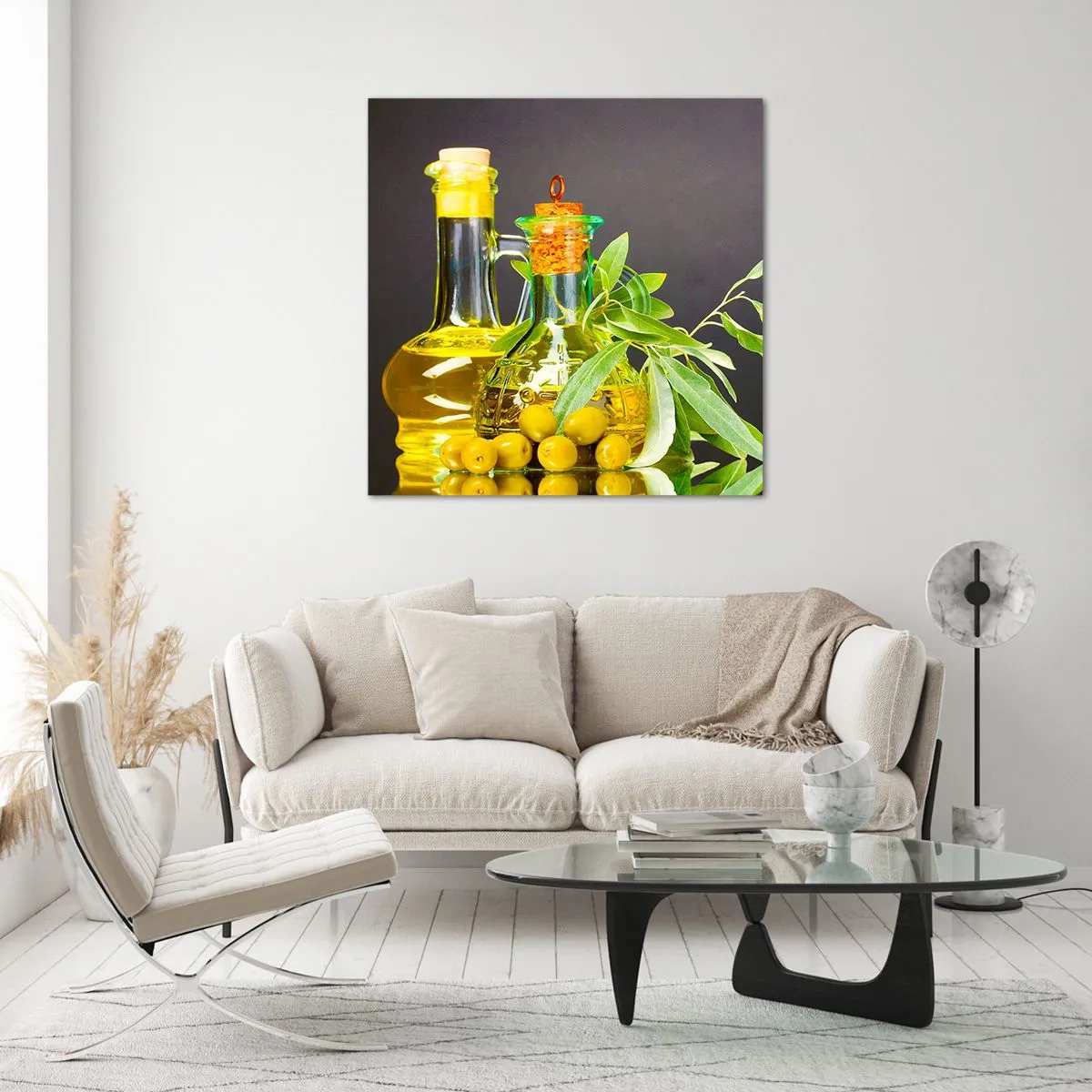 Glastavla - Bild på glas - Stilleben med oliver och olivolja - 50x50 cm