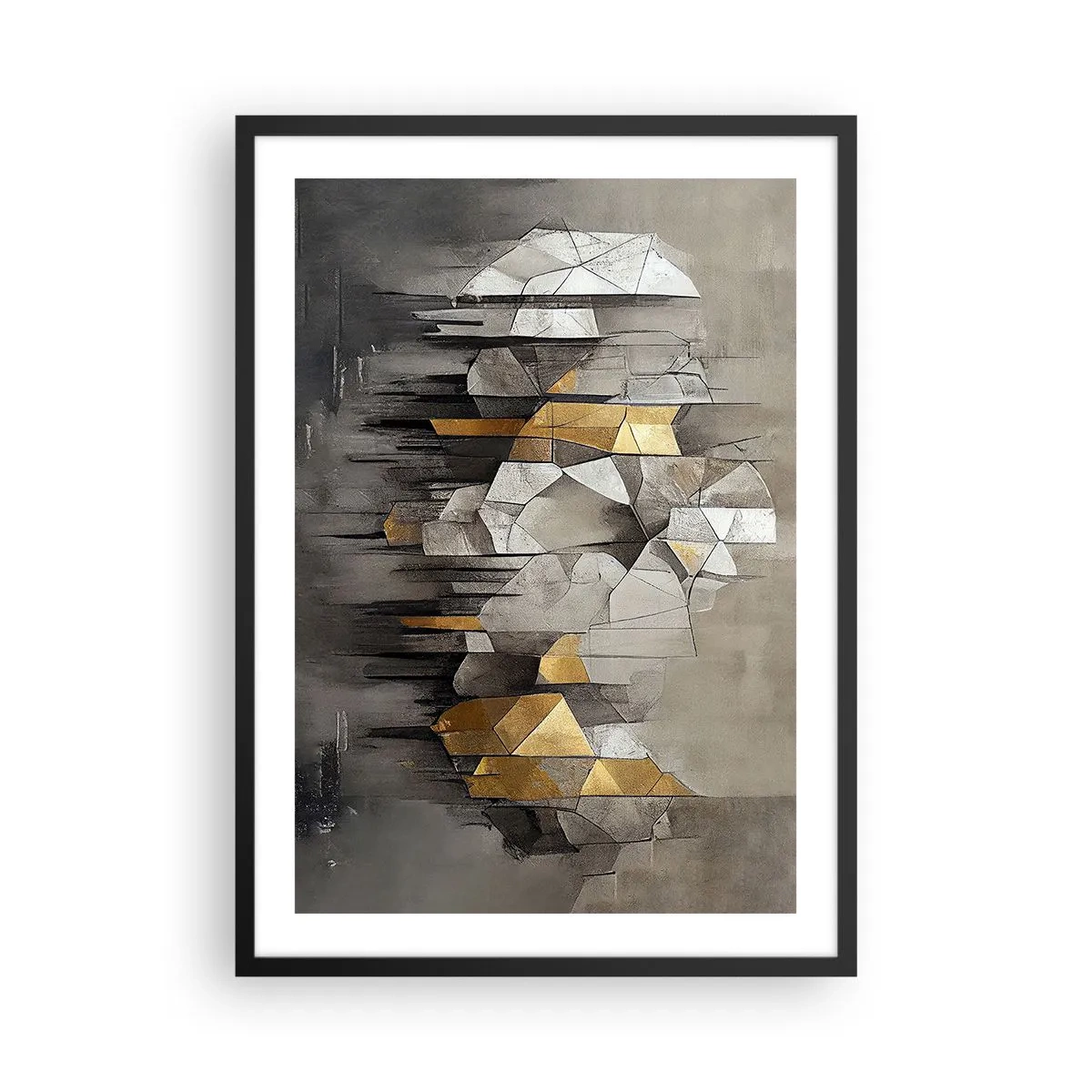 Affisch i svart ram - Geometrisk abstraktion i nyanser av grått och guld - 50x70cm - Komposition av is och ljus - Modern väggdekoration för vardagsrum och sovrum ARTTOR
