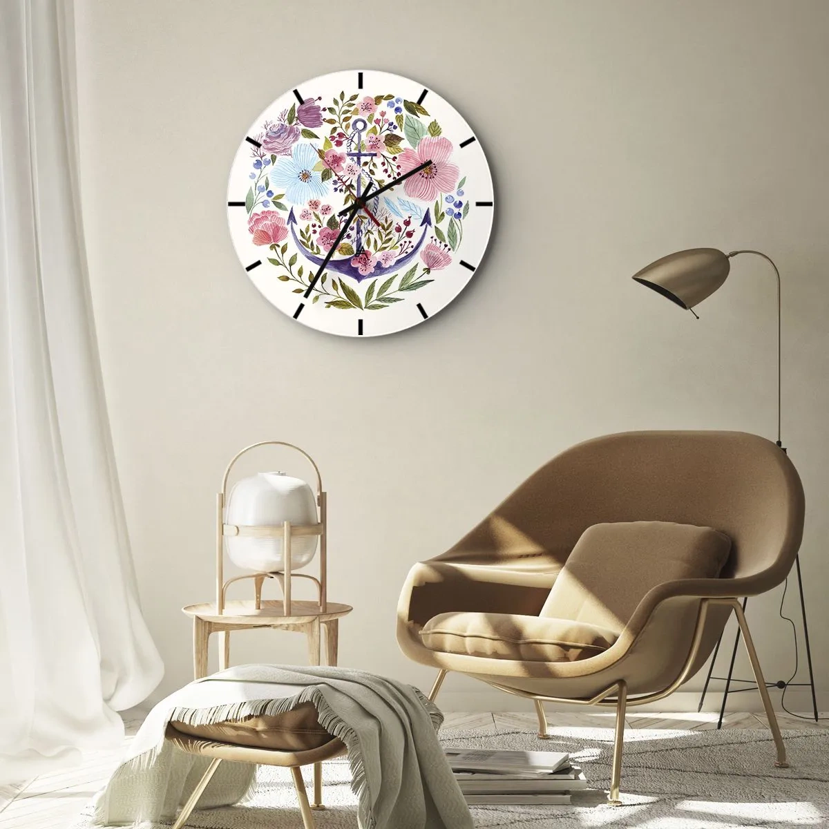 Väggklocka - Klocka på glas - Ett lila ankare omgivet av färgglada blommor - 30x30cm - En seglares goda sömn - Modern väggdekoration för vardagsrum, kök och sovrum ARTTOR