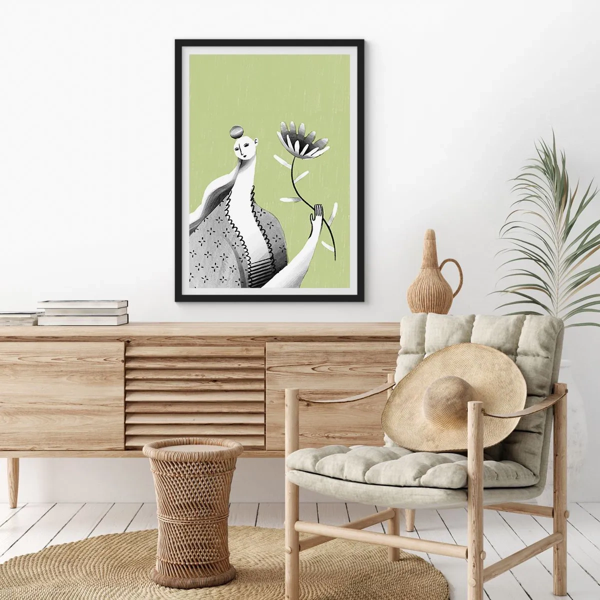 Affisch i svart ram - Modernistiskt porträtt - håller i en blomma - 30x40 cm