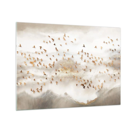 Glastavla - Bild på glas - En flock fåglar som flyger över ett dimmigt landskap - 70x50cm - Det är dags... - Modern väggdekoration för vardagsrum och sovrum ARTTOR