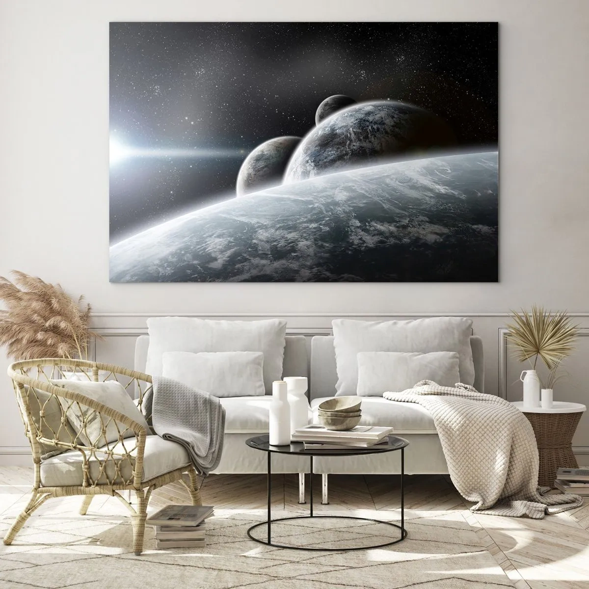 Glastavla - Bild på glas - Sfärers rymdmusik - 100x70 cm