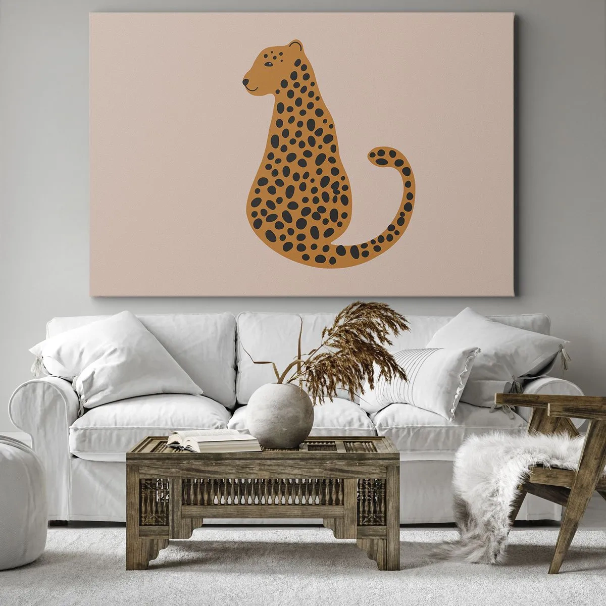 Canvastavla - Bild på duk - En minimalistisk teckning av en panter mot en beige bakgrund - 70x50cm - Pantermönster är inne - Modern väggdekoration för vardagsrum och sovrum ARTTOR