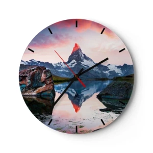 Väggklocka - Klocka på glas - Matterhorn speglar sig i en lugn sjö vid solnedgången - 30x30cm - Bergens hjärta är hett - Modern väggdekoration för vardagsrum, kök och sovrum ARTTOR