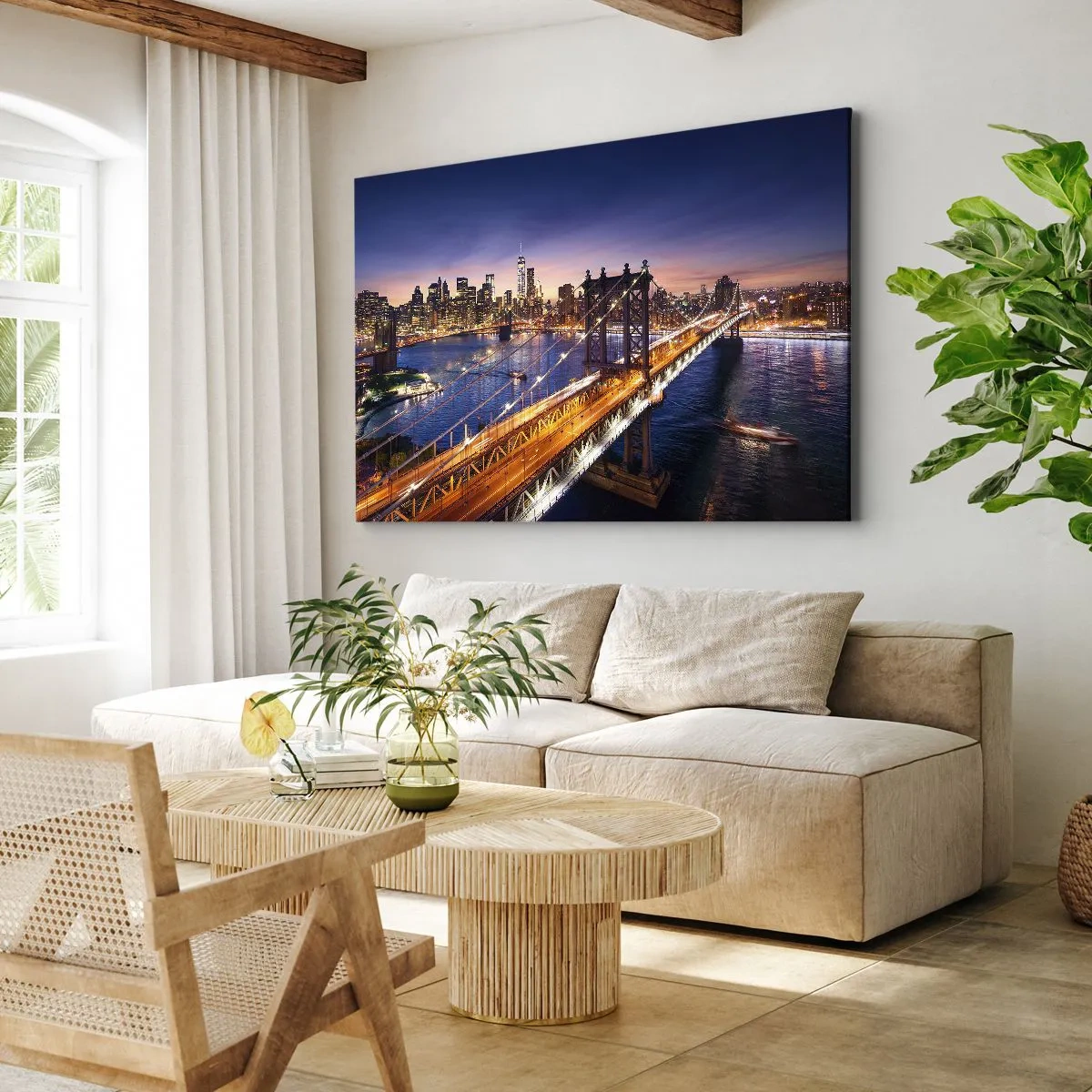 Canvastavla - Bild på duk - Bron och stadspanoraman vid solnedgången - 70x50cm - Över ljusbron till stadens hjärta - Modern väggdekoration för vardagsrum och sovrum ARTTOR