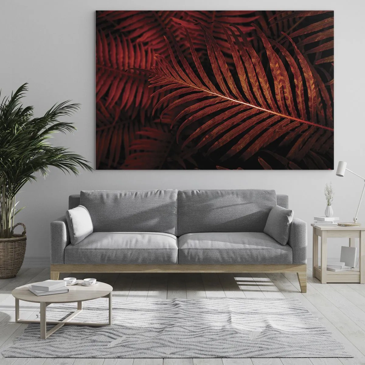 Glastavla - Bild på glas - Röda blad av en tropisk växt på en mörk bakgrund - 70x50cm - Livets glöd - Modern väggdekoration för vardagsrum och sovrum ARTTOR