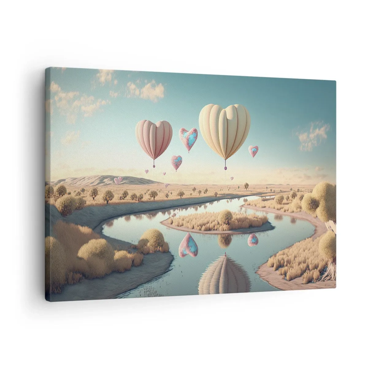 Canvastavla - Bild på duk - Hjärtformade ballonger som svävar över landskapet - 70x50cm - Kärleken låter dig sväva - Modern väggdekoration för vardagsrum och sovrum ARTTOR