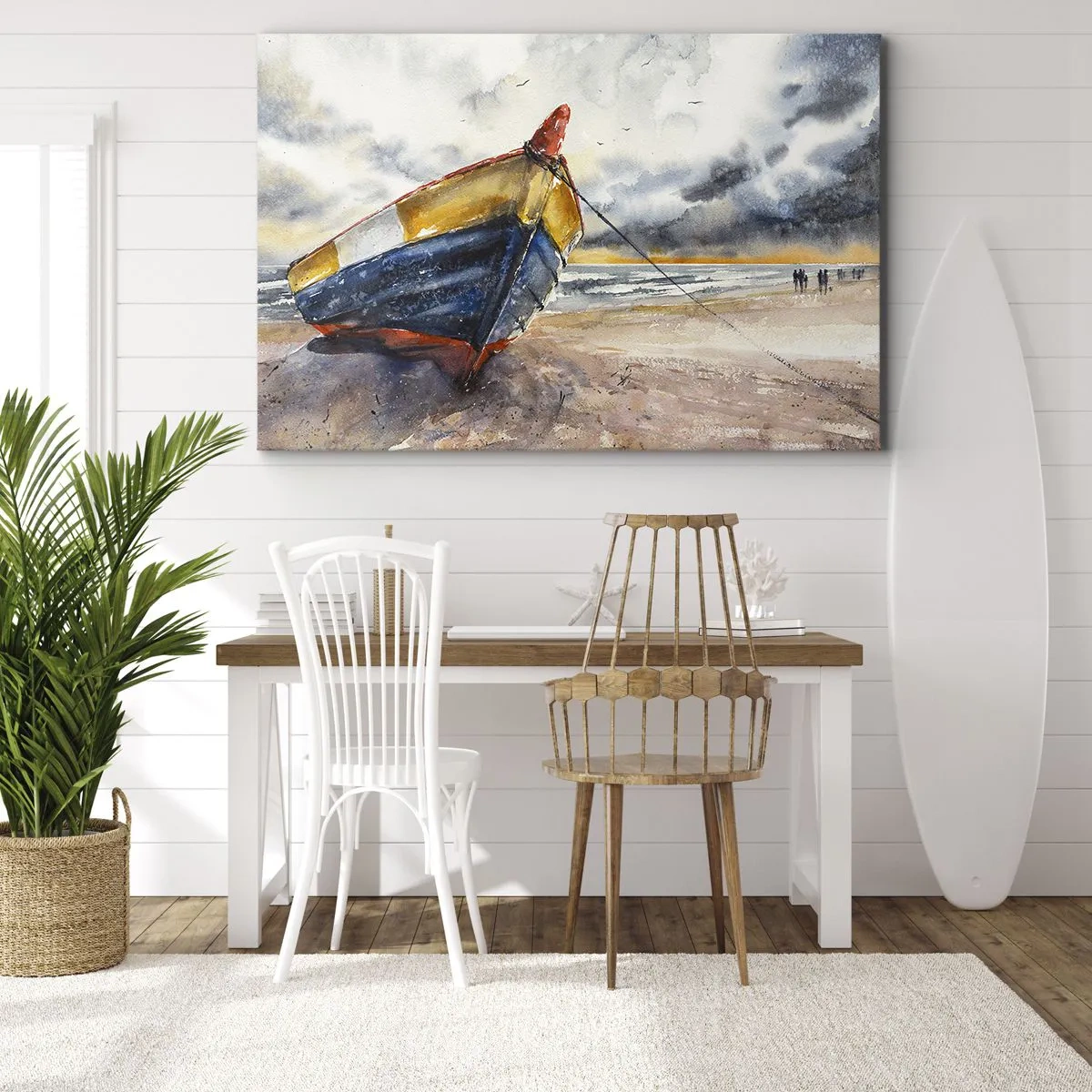Canvastavla - Bild på duk - En pittoresk båt på stranden under en molnig himmel - 70x50cm - Vila på stranden - Modern väggdekoration för vardagsrum och sovrum ARTTOR