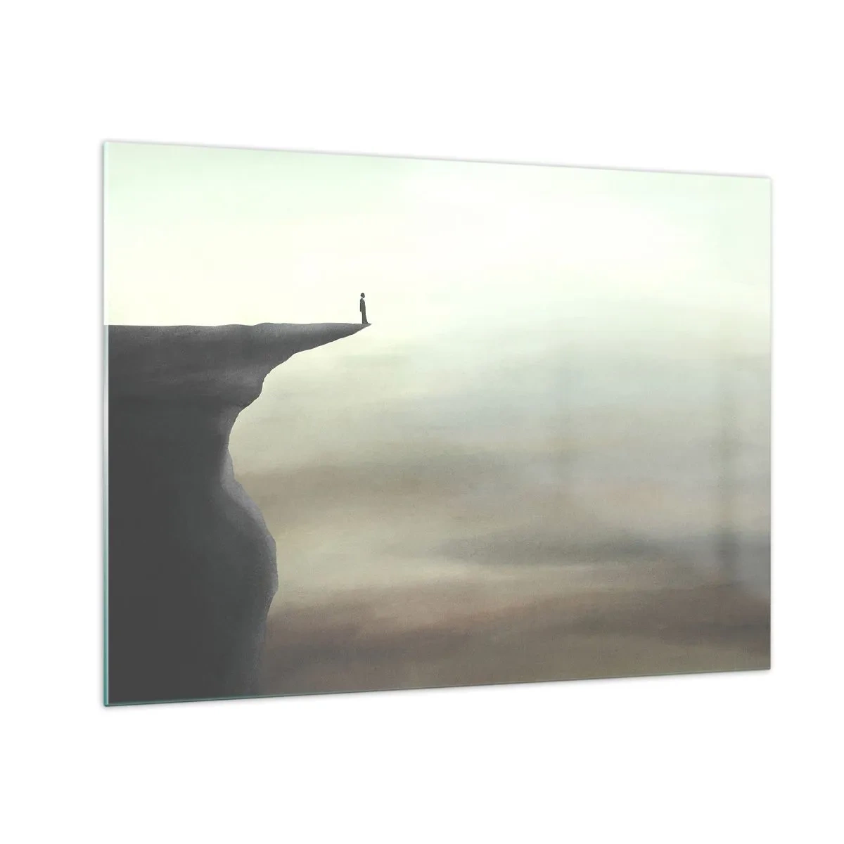 Glastavla - Bild på glas - Silhuett av en person som står på kanten av en klippa ovanför dimman - 70x50cm - Uppåt, naturligtvis! - Modern väggdekoration för vardagsrum och sovrum ARTTOR