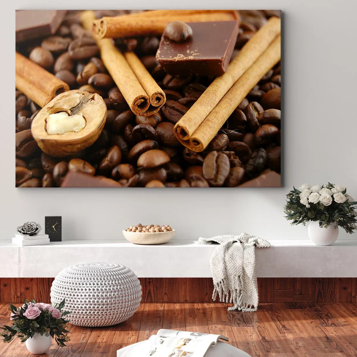 Canvastavla - Bild på duk - Kaffebönor med kanelstänger, choklad och valnöt. - 70x50cm - Aromkonsert - Modern väggdekoration för vardagsrum och sovrum ARTTOR