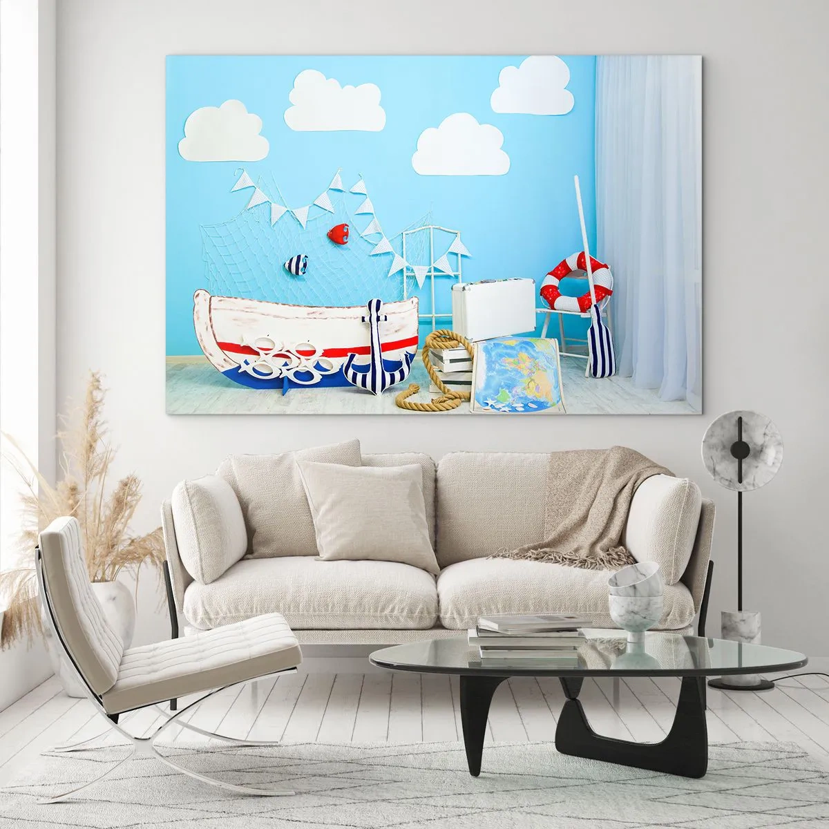 Glastavla - Bild på glas - Dekorativ havsbild med båt och nautiska rekvisita - 70x50cm - Barnlängtan till naturen - Modern väggdekoration för vardagsrum och sovrum ARTTOR
