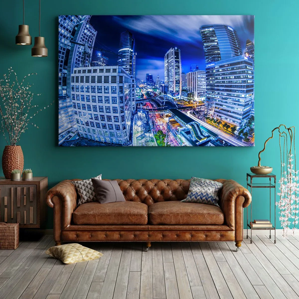 Canvastavla - Bild på duk - Nattstadspanorama med skyskrapor och gatubelysning - 70x50cm - Stadens nattrytmer - Modern väggdekoration för vardagsrum och sovrum ARTTOR
