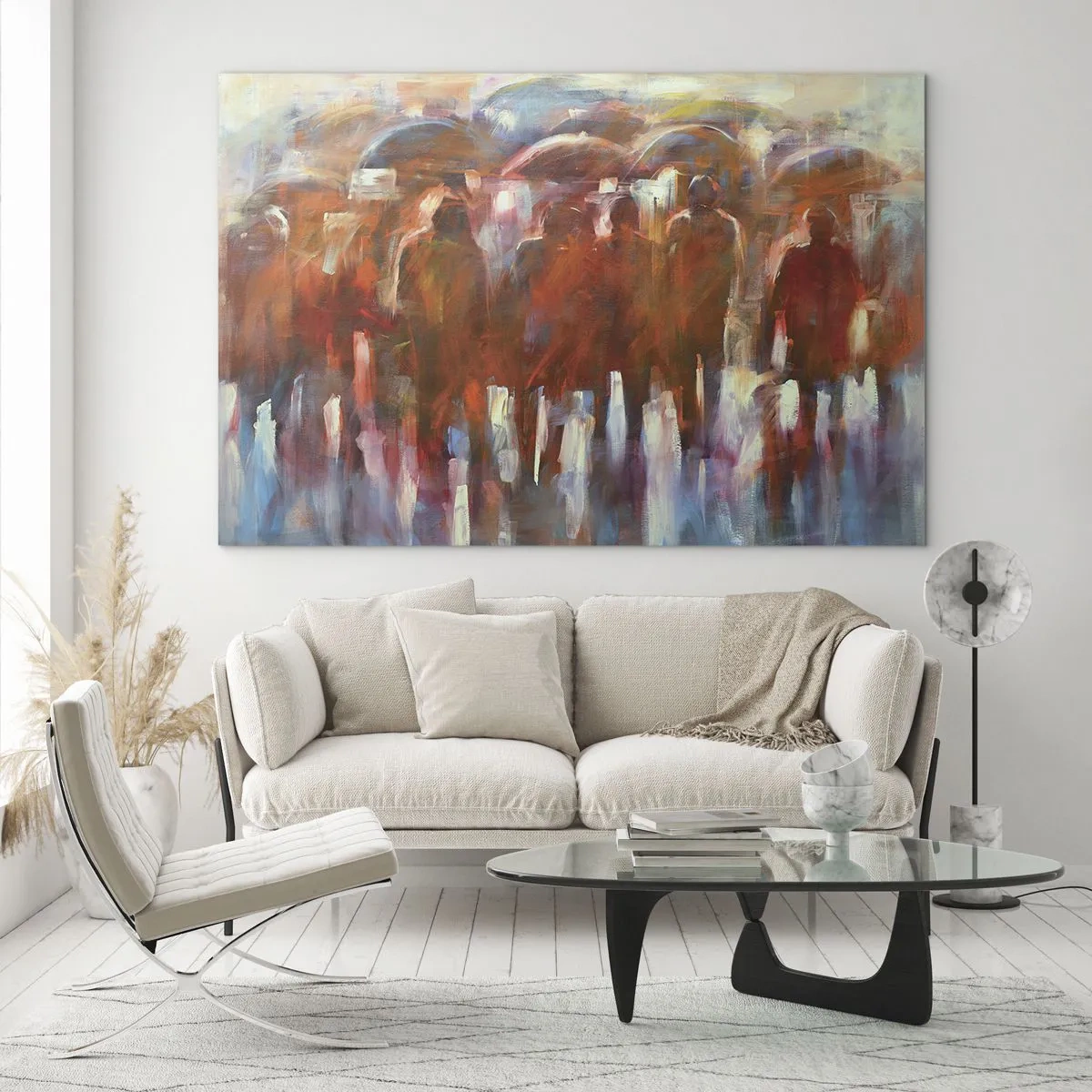 Glastavla - Bild på glas - En folkmassa med paraplyer i en konstnärlig abstraktion - 70x50cm - Jämna i regn och dimma - Modern väggdekoration för vardagsrum och sovrum ARTTOR