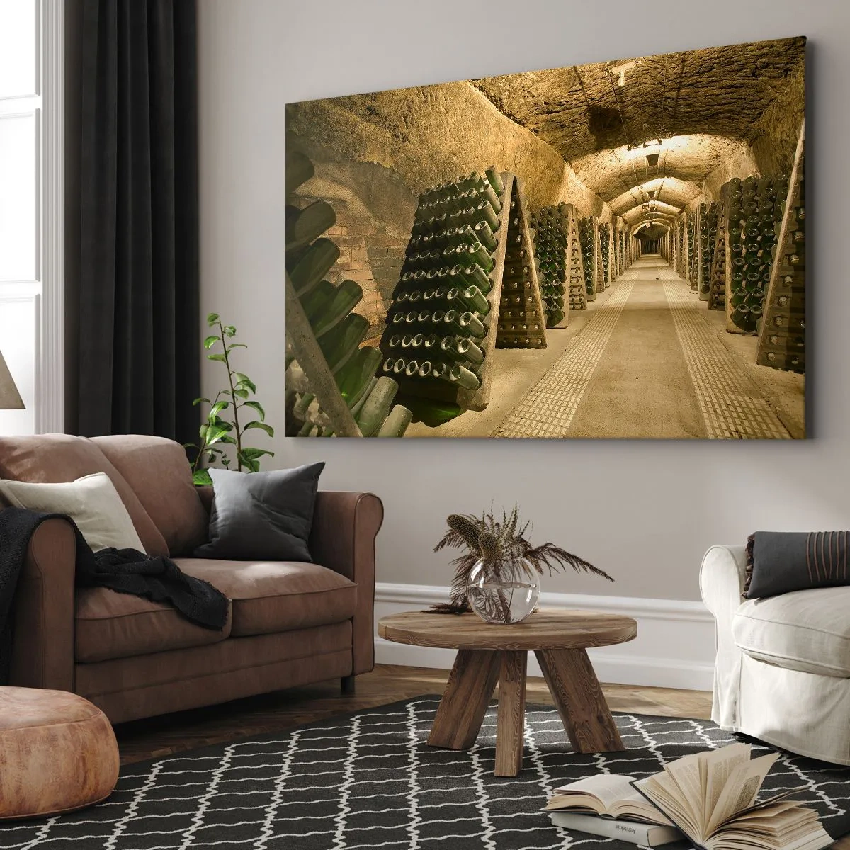 Canvastavla - Bild på duk - En vingård med en källare full av vinflaskor utställda på träställ. - 70x50cm - Smakens uppståndelse - Modern väggdekoration för vardagsrum och sovrum ARTTOR