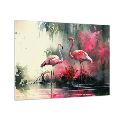 Glastavla - Bild på glas - Två flamingor i tropisk miljö vid vattnet - 70x50cm - En lektion i naturlig charm - Modern väggdekoration för vardagsrum och sovrum ARTTOR