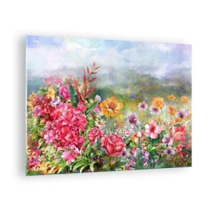 Glastavla - Bild på glas - En bukett färgglada blommor mot ett pittoreskt landskap - 70x50cm - En trädgård som blivit galen - Modern väggdekoration för vardagsrum och sovrum ARTTOR