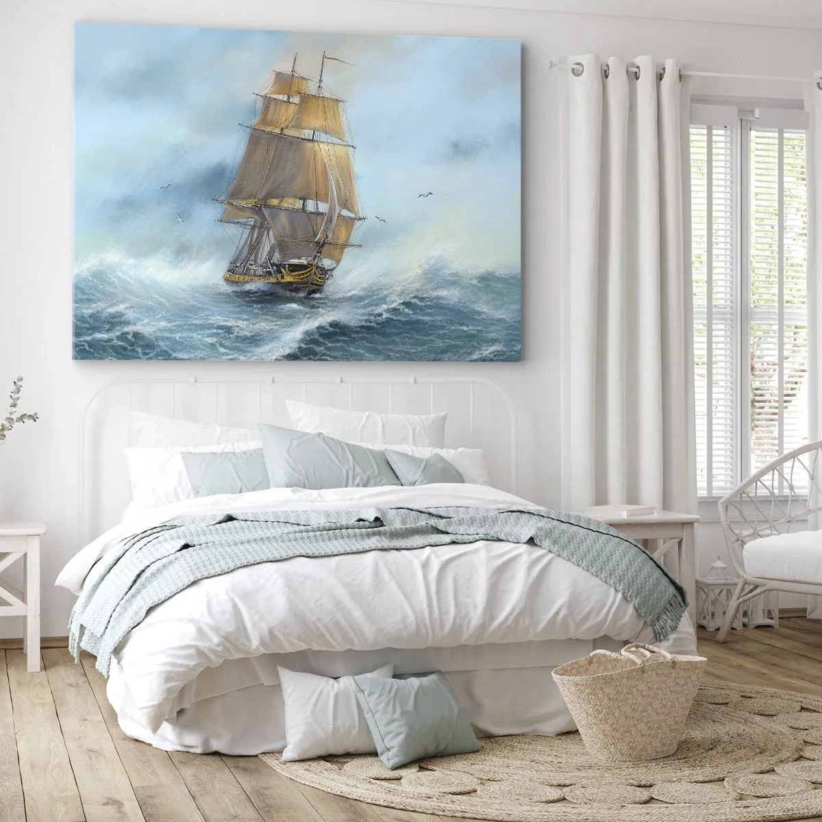 Canvastavla - Bild på duk - Ett segelfartyg på ett stormigt hav - 70x50cm - Vinkande genom vågorna - Modern väggdekoration för vardagsrum och sovrum ARTTOR